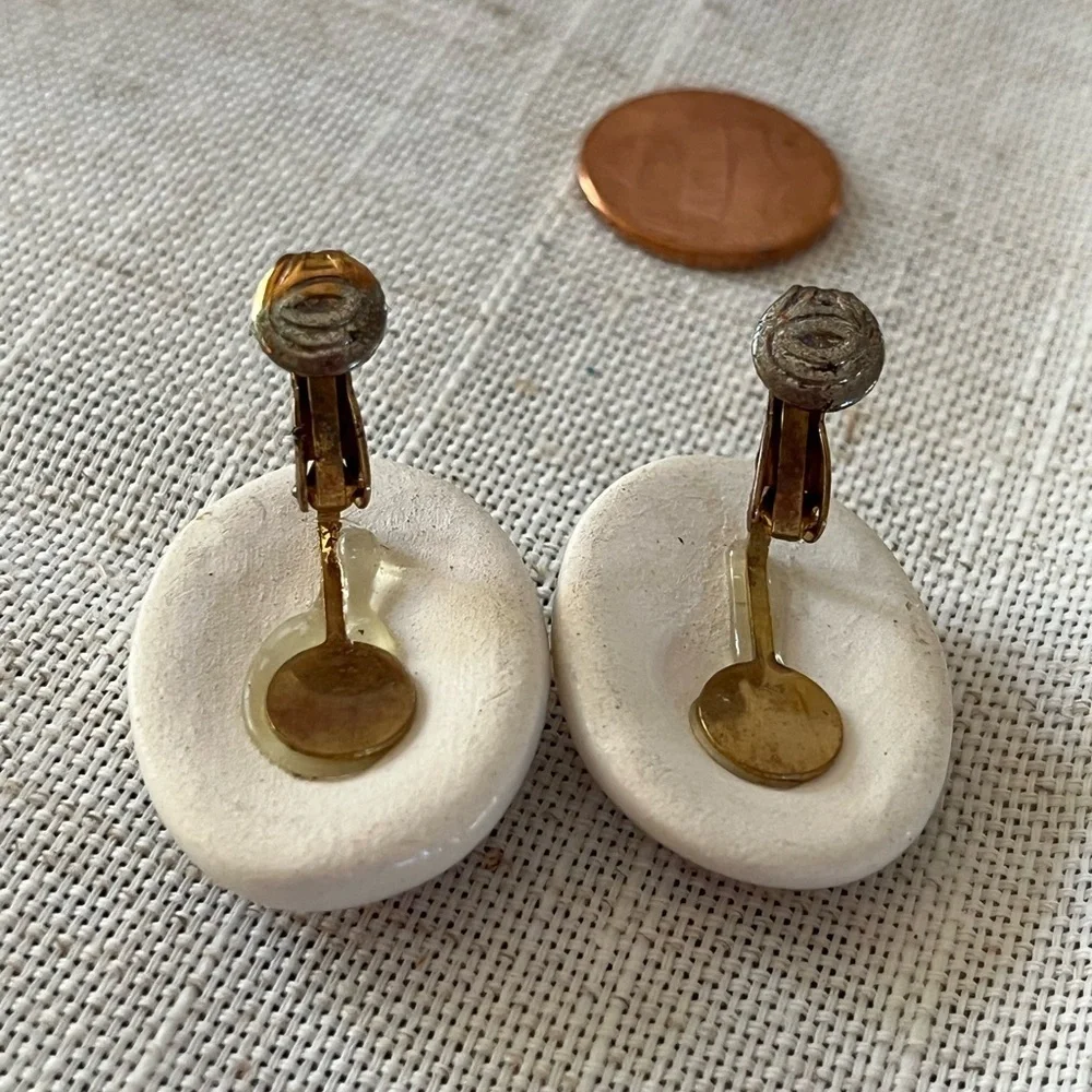 Iris ceramic oval clip on Earrings on Porcelain flower earrings..
